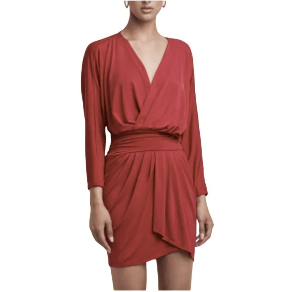 Revolve Krisa Red Mini Dress Draped V-Neck Long Sleeve Elastic Waist NWT